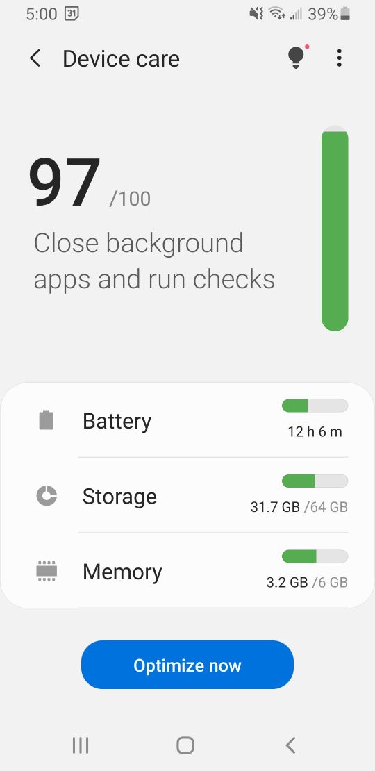 Screenshot of Device Care status on Android Smartphone